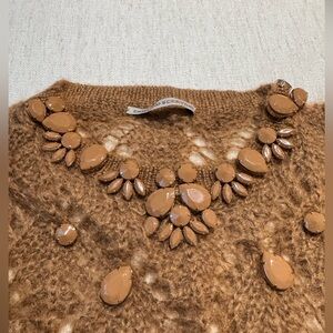 Ermanno Scervino Tan Embellished V-Neck Sweater short sleeve